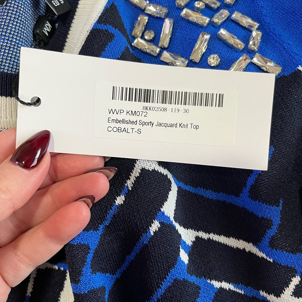 Karen Millen Blue Black sporty jacquard knit top embellished Geometric Blouse S - Picture 3 of 9